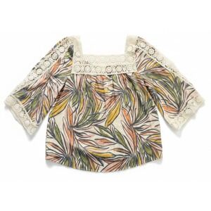 Zac & Rachel Womens Tropical Leaf Print Crochet Lace Trim Bell Sleeve Blouse M